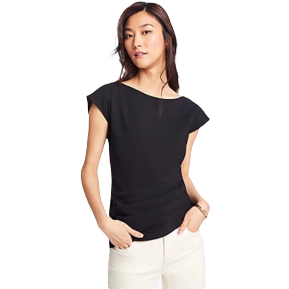 Ann Taylor black ruched peplum top. New!